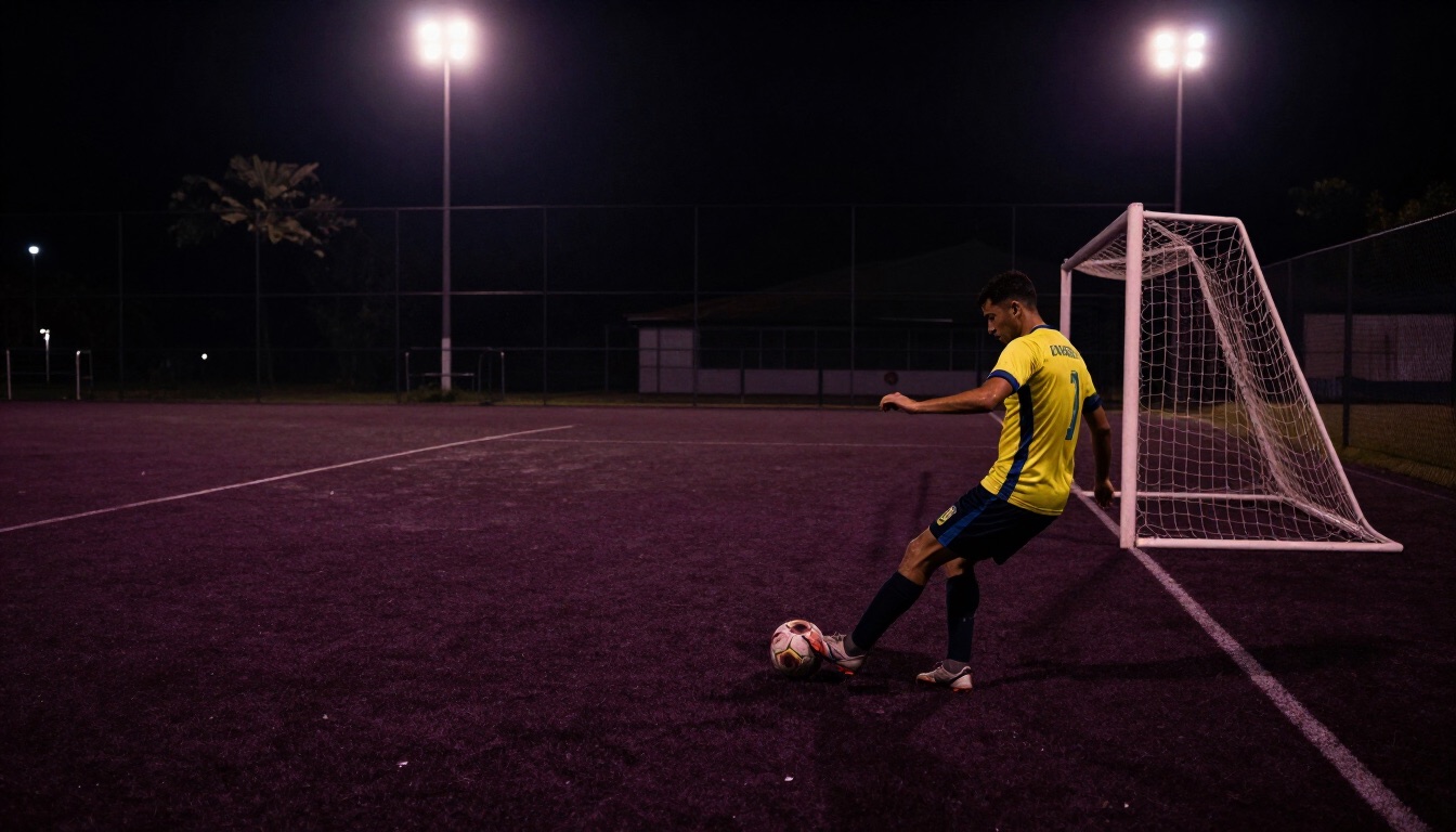 Jogador finalizando sozinho em campo à noite, sob refletores